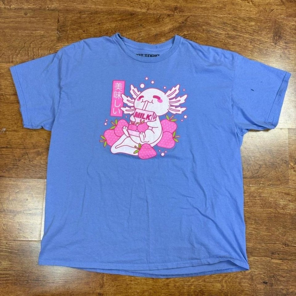 Hot Topic blue axolotl drinking strawberry milk t-shirt